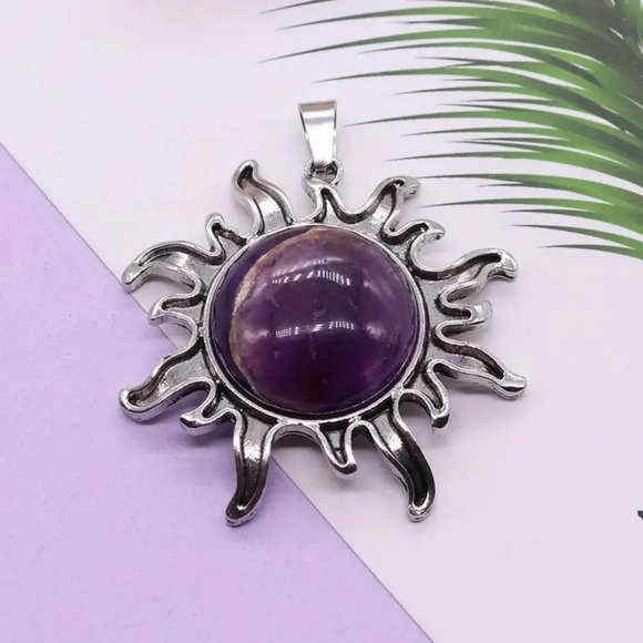 Amethyst Natural Stone Sun Shaped Pendant Necklace Healing Gemstone Pendant - Picture 2 of 3